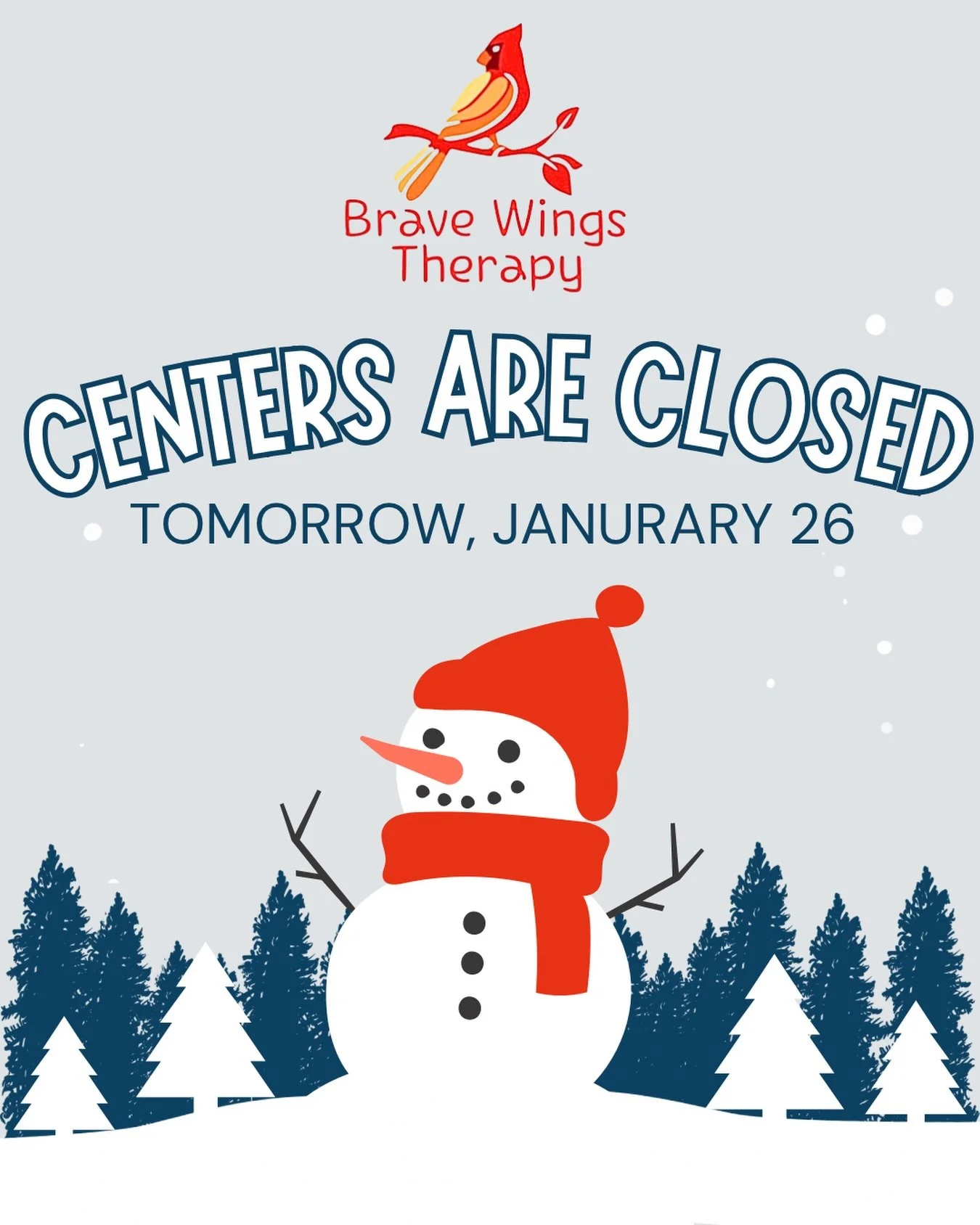 Both our Sparta and Fairfield centers will be closed Monday, January 26th. Our front desk staff will be reaching out to reschedule all sessions. 
Stay safe and warm! ☃️❄️