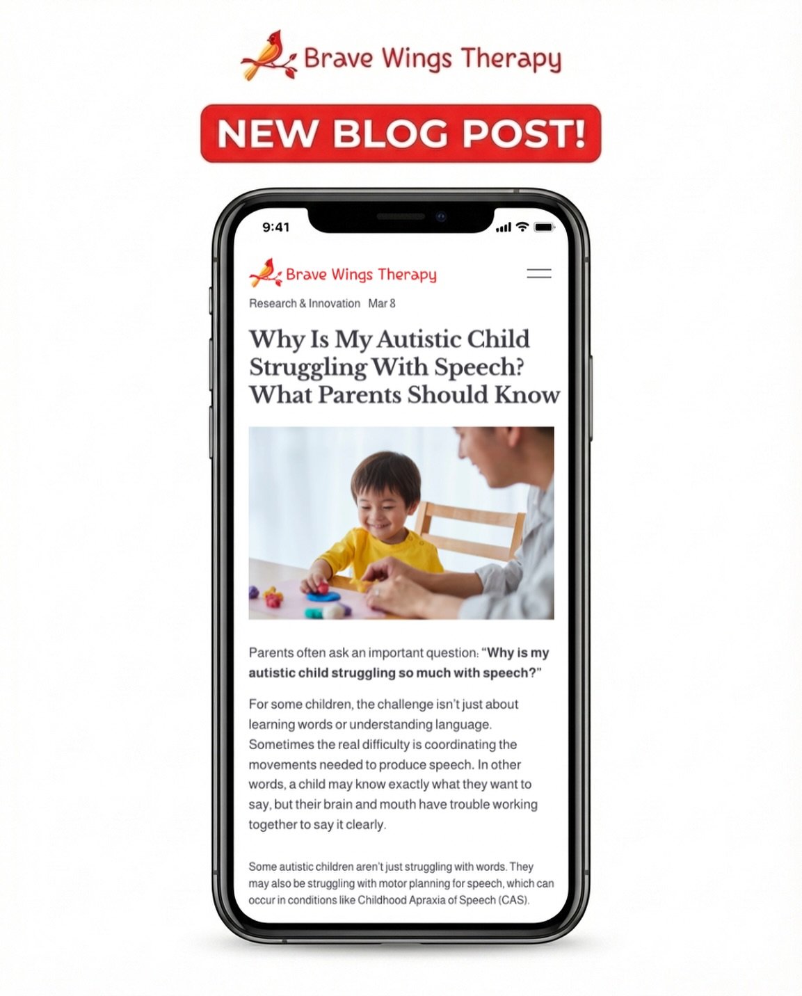 Why do some autistic children struggle with speech?

Brave Wings Therapy co-founder Dr. Jenn Moore recently co-authored research exploring this important topic, and we&rsquo;re breaking it down for parents in our newest blog post.

Read it through th