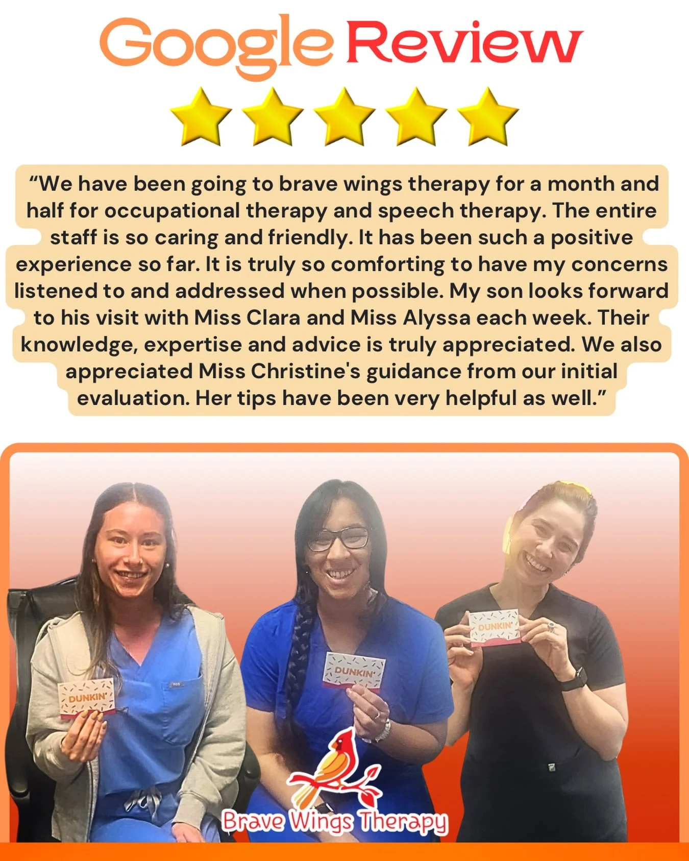 Congrats to our therapists Ms. Clara, Ms. Alyssa, and Ms. Christine for being mentioned in a Google review!
We appreciate your hard work and dedication to your clients and they clearly do too! Enjoy your coffee gift cards ☕️