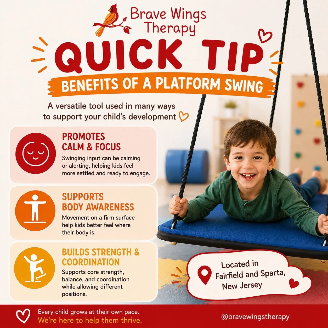 Have you tried a platform swing? 

📲Text us at (973)-800-8515 to chat or make an appointment

Brave Wings Therapy
155 Passaic Avenue Suite 150, Fairfield, NJ
540 Lafayette Road, Sparta, NJ

#SpeechTherapy #FeedingTherapy #MyofunctionalTherapy #otmon