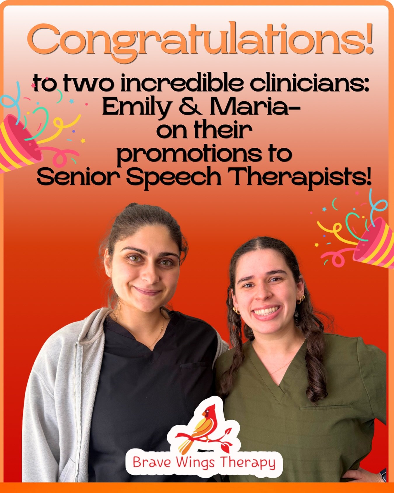 Today, we are proud to celebrate Maria and Emily on their promotions to Senior Speech-Language Pathologists!

Both Maria and Emily began their journeys with us as graduate students. Through dedication, hard work, and a commitment to lifelong learning