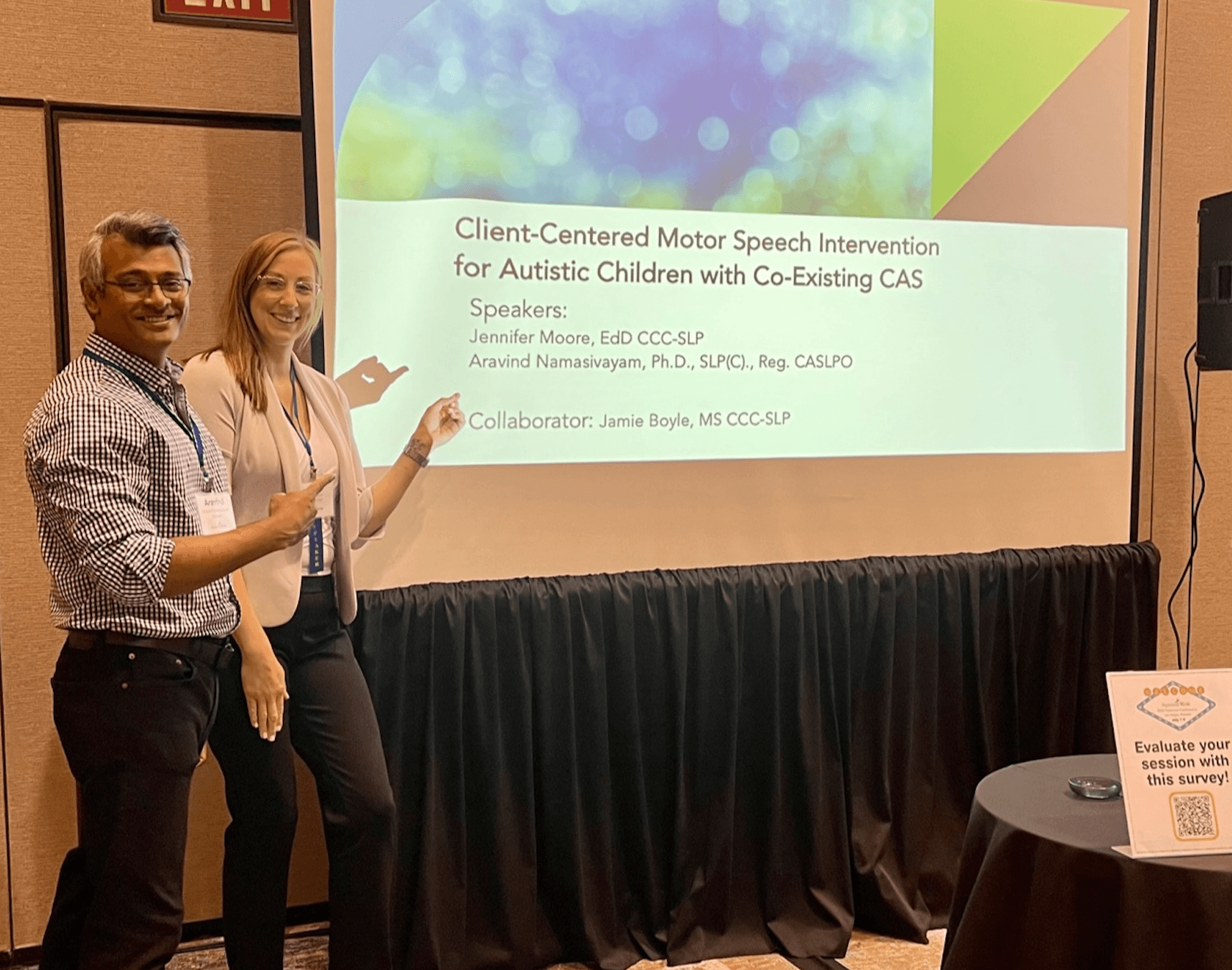 Dr. Jenn Moore presenting at National Childhood Apraxia of Speech Conference with Dr. Aravind Namasivayam