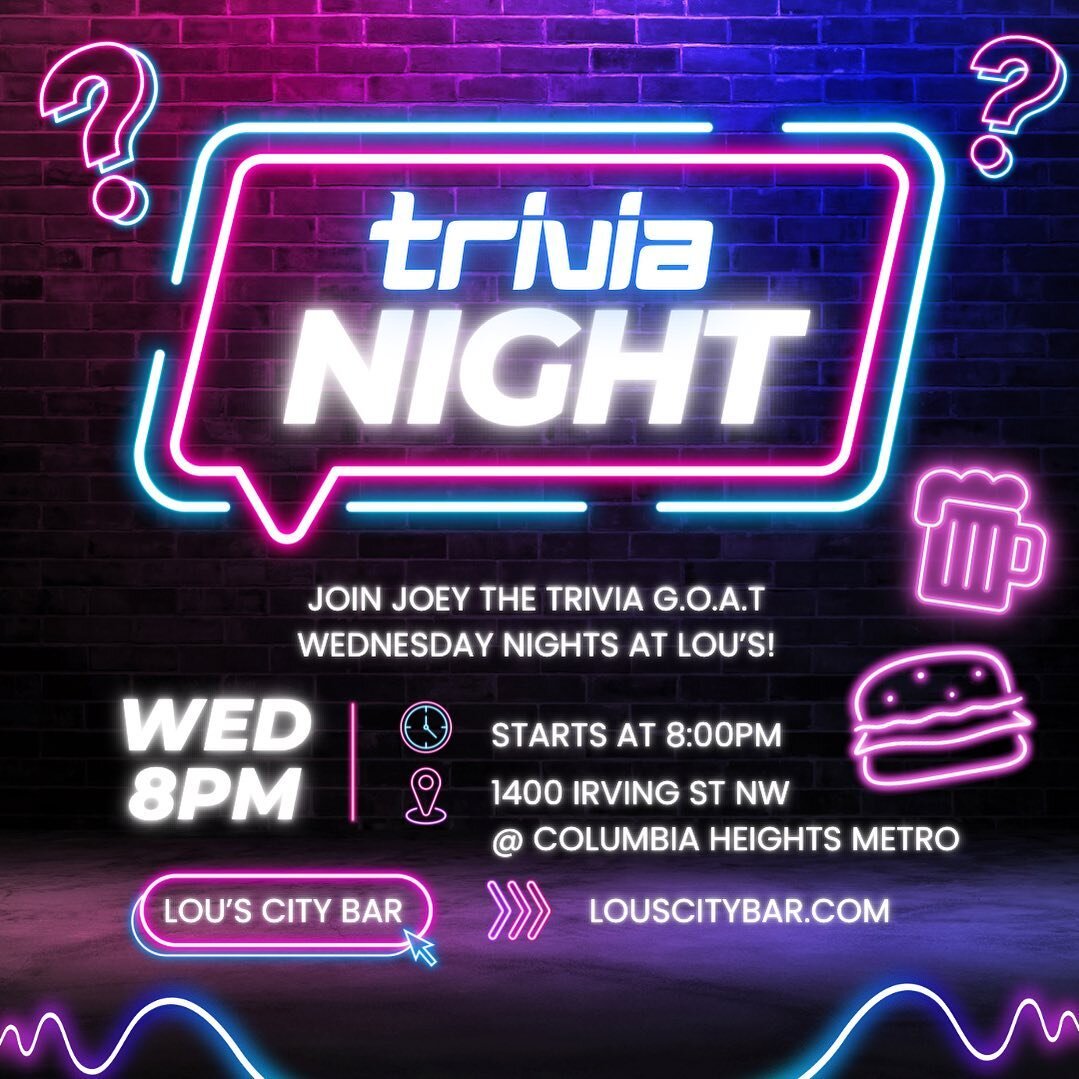 ❓TRIVIA WEDNESDAY❓

Stop in tonight and every Wednesday for DC&rsquo;s best Trivia, starting at 8PM and hosted by our own Joey The G.O.A.T. 🐐 We cordially invite you to sip, dine, and play with the best host in town ft. specials all game long! #Triv