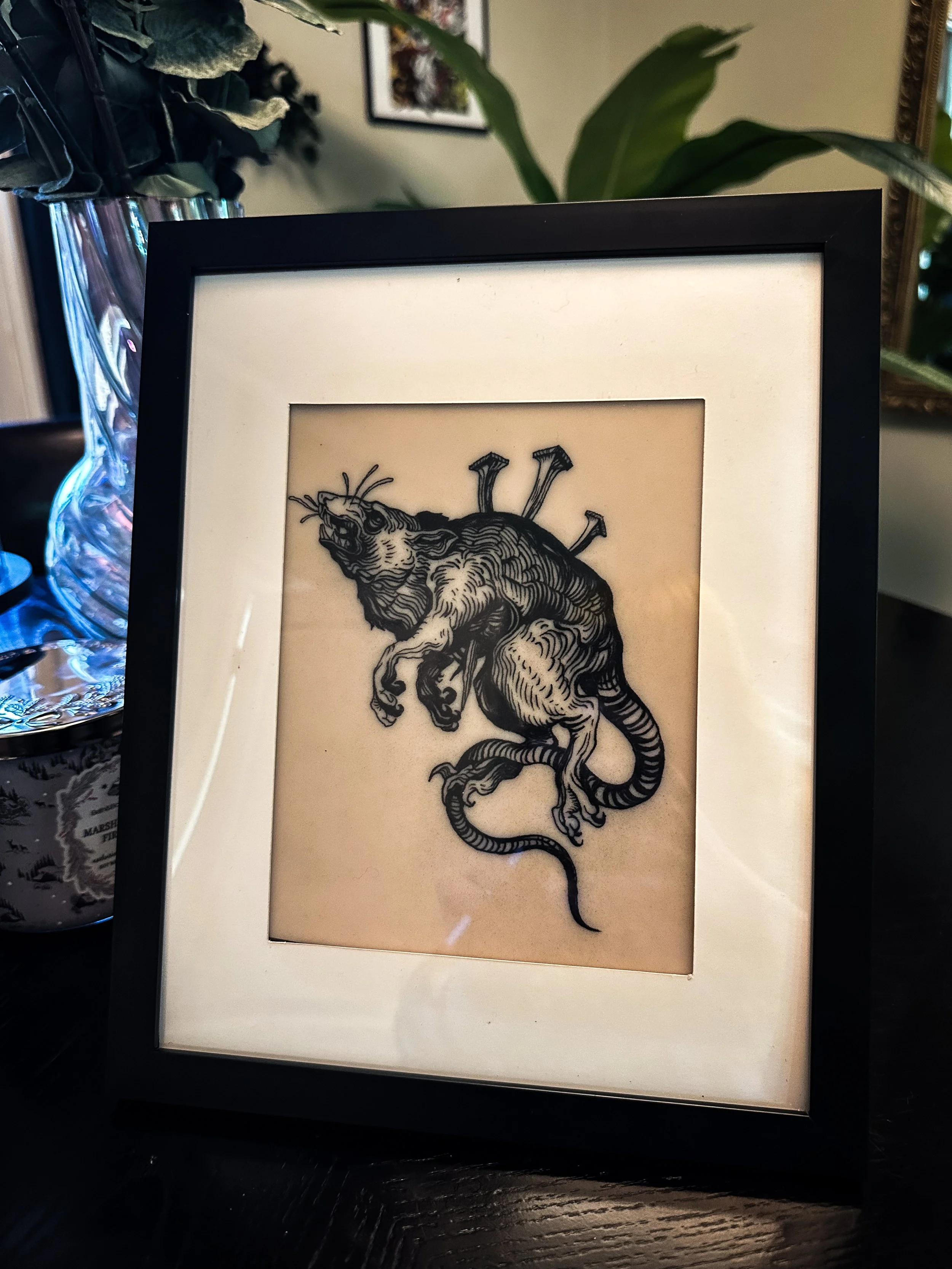 Framed Blackwork Rat Tattoo Practice on Synthetic Skin