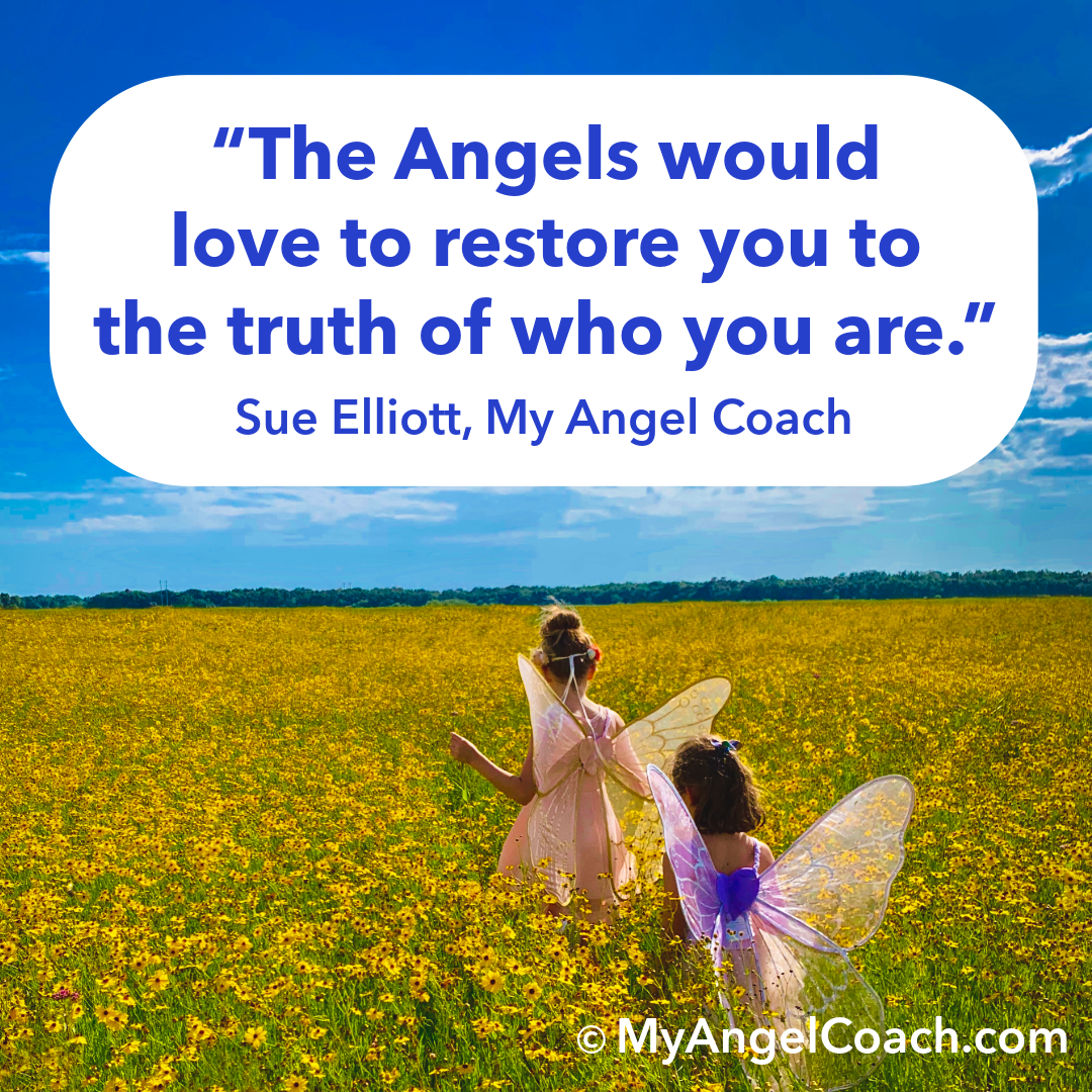 QuoTwo little girls with fairy wings in field of yellow flowers