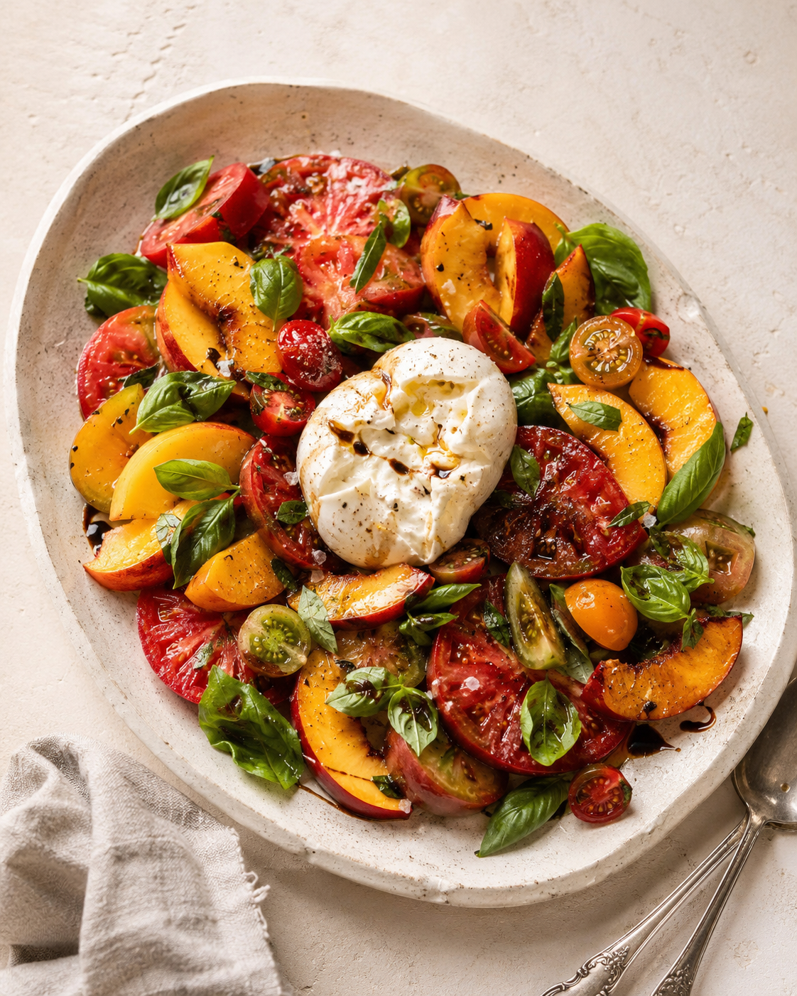 Peach Tomato Salad with Burrata and Basil
