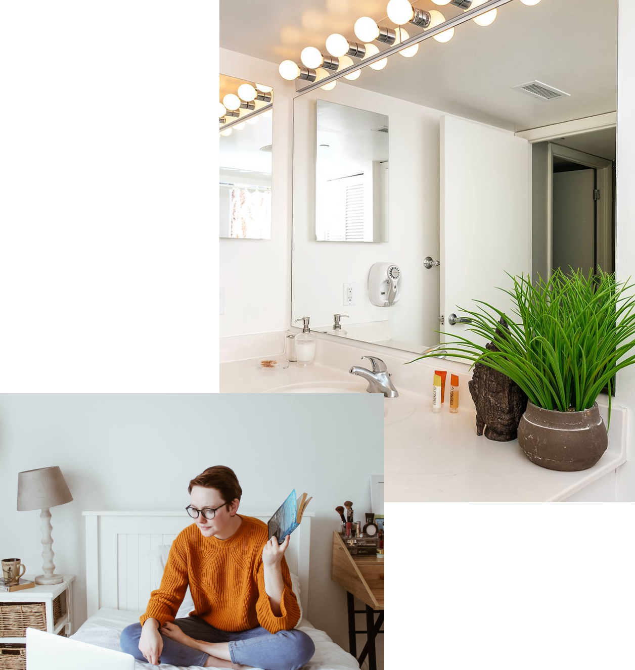 clean and vibrant bathroom on right.  Woman on left holding book using laptop