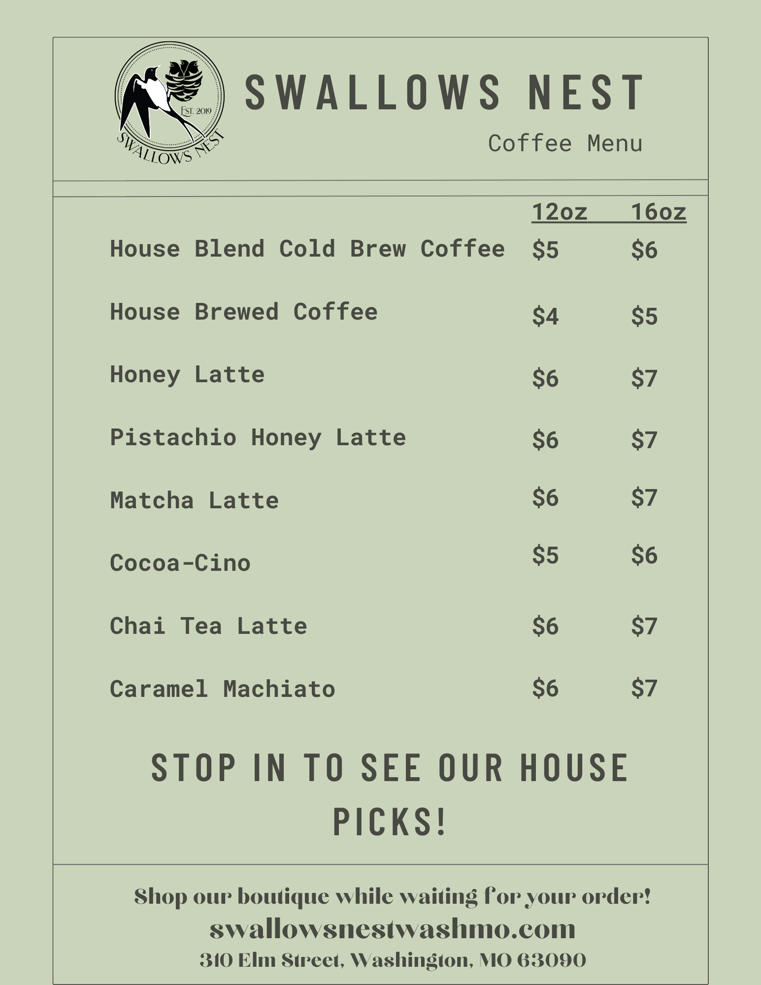 Coffee Menu — Swallows Nest