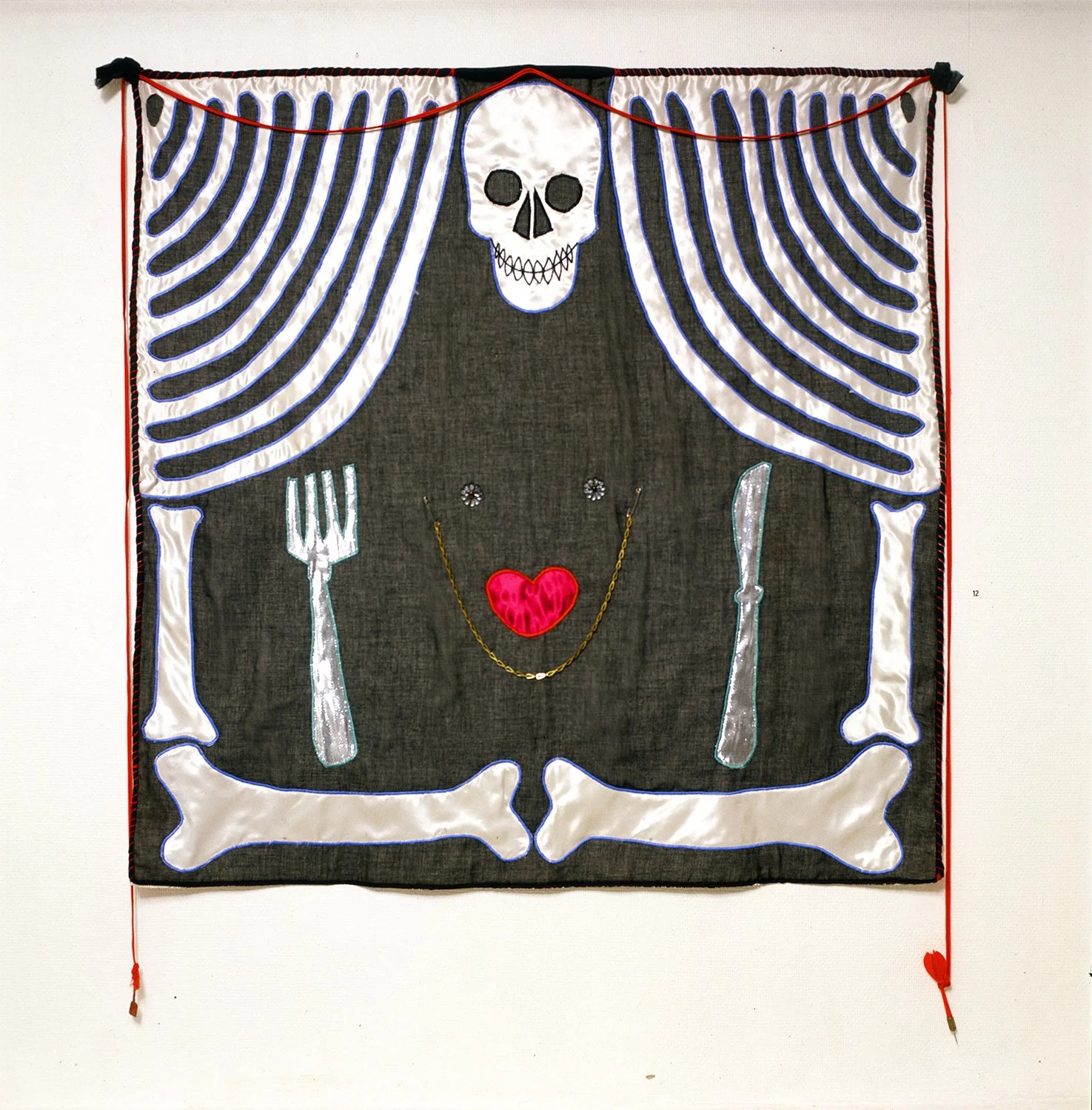 Moki Cherry. Breakfast at Tiffany's, 1979. Textile appliqué tapestry (silk, cotton, chord, metal objects, glass buttons), 59 x 39.37 inches