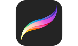 Colorful Procreate program feather logo badge on a black background