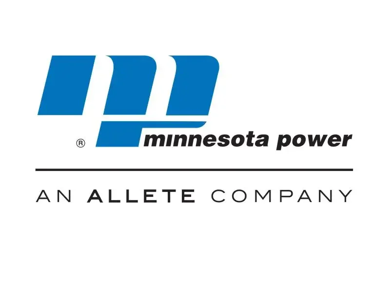 Minnesota Power logo with three blue diagonal bars, the text 'minnesota power' in black, and 'AN ALLETE COMPANY' below a black line.