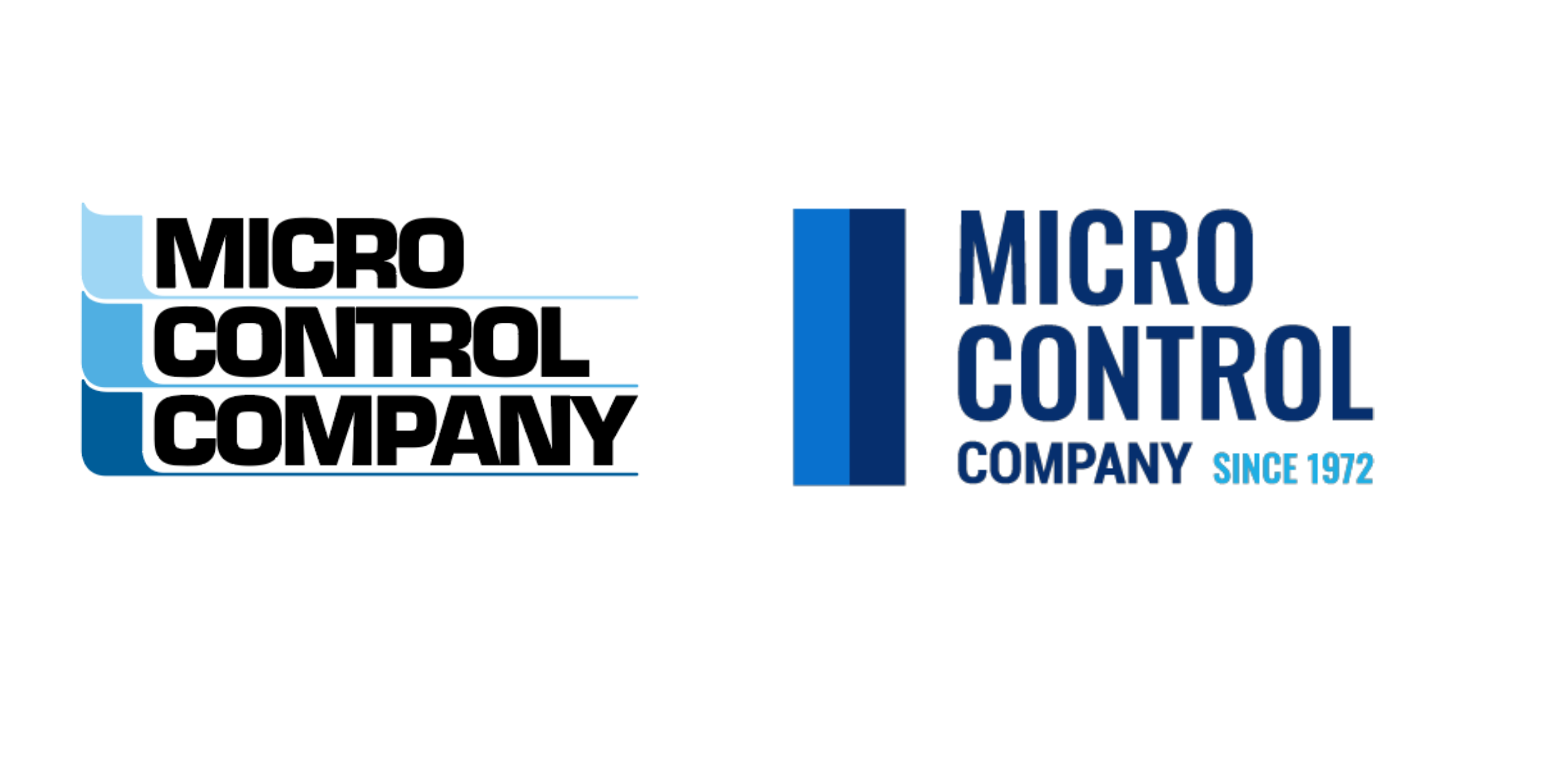 Two logo designs for Micro Control Company, one with black text and blue accents, the other in blue text with a blue and dark blue graphic, and the phrase 'Since 1972' in blue.