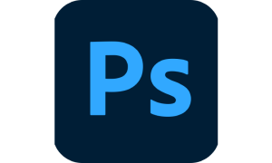 Adobe Photoshop logo with blue 'Ps' on a dark background.