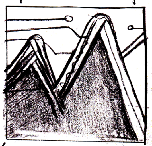 Hand sketch of a square micro chip overlaid with an abstract letter M.