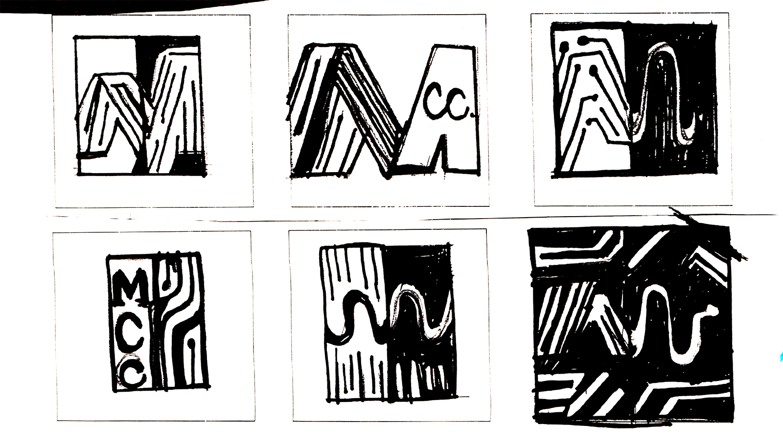 Collection of six black and white thumbnail sketches in pencil exploring different styles for the Micro Control logo redesign.