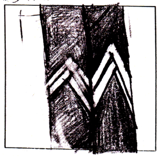 Abstract black and white geometric drawing with chevron patterns and shading.