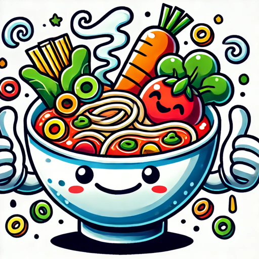 Colorful soup cartoon character with different kinds of vegetables and noodles in the bowl giving two thumbs up. Character created for custom GPT for Redesignia and is smiling and is on a white background.