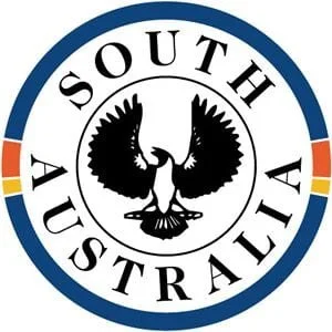 South Australia emblem featuring a black swan in the center of a circular badge with the words 'SOUTH AUSTRALIA' around it.