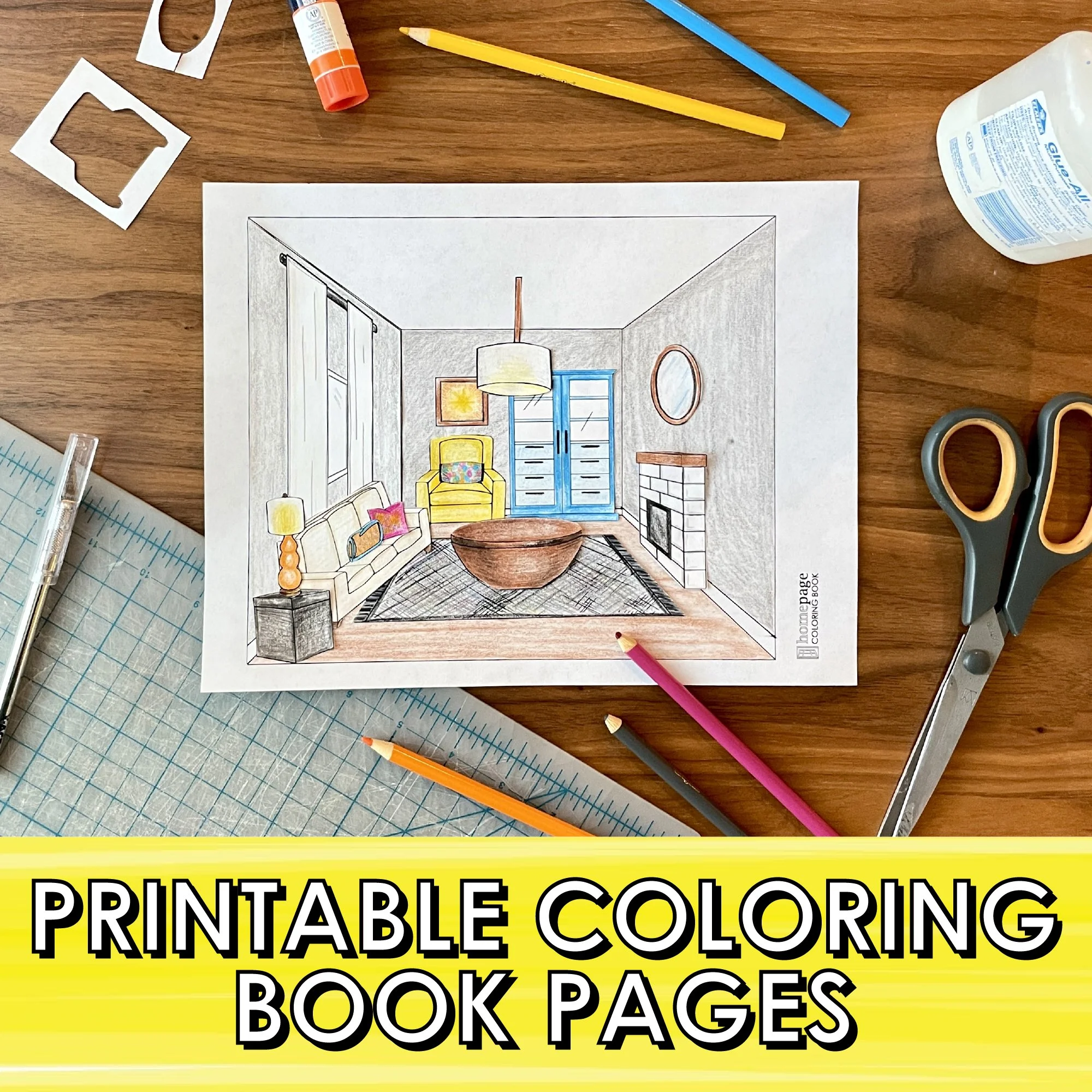 HomePage Coloring Book with colored pencils, scissors, glue, cutting board. On wood table.