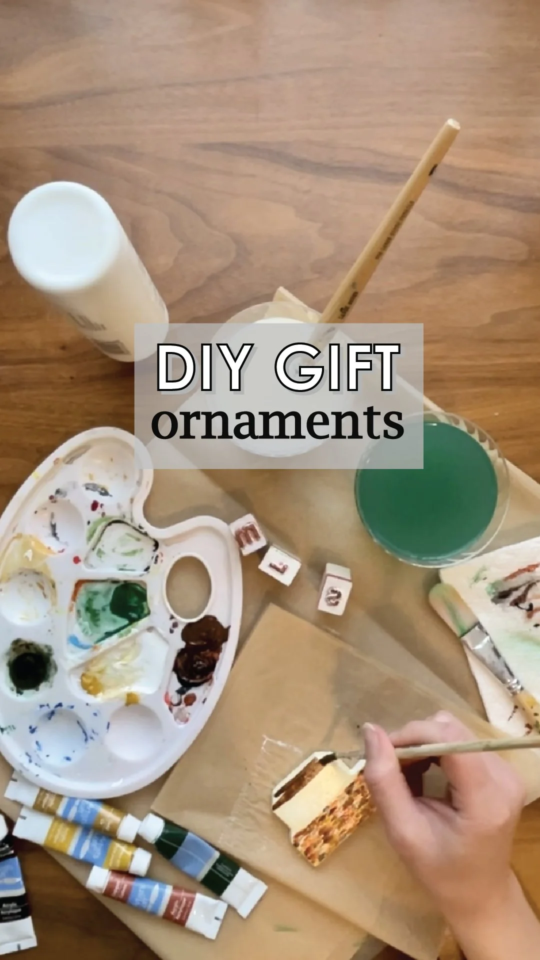 DIY Gift Idea: Air Dry Clay Ornaments, Paint, Pallet, Paint, Paintbrushes, Cups of Water, Hand-Painted Ornament