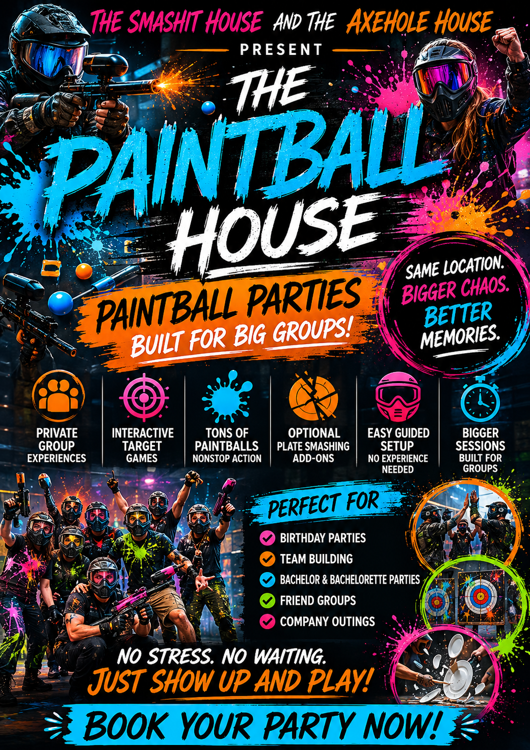 Colorful poster advertising a paintball house for big groups, featuring images of people in masks holding paintball guns, with text highlighting group experiences, target games, paintball action, and party options for birthdays, team building, and friend groups.