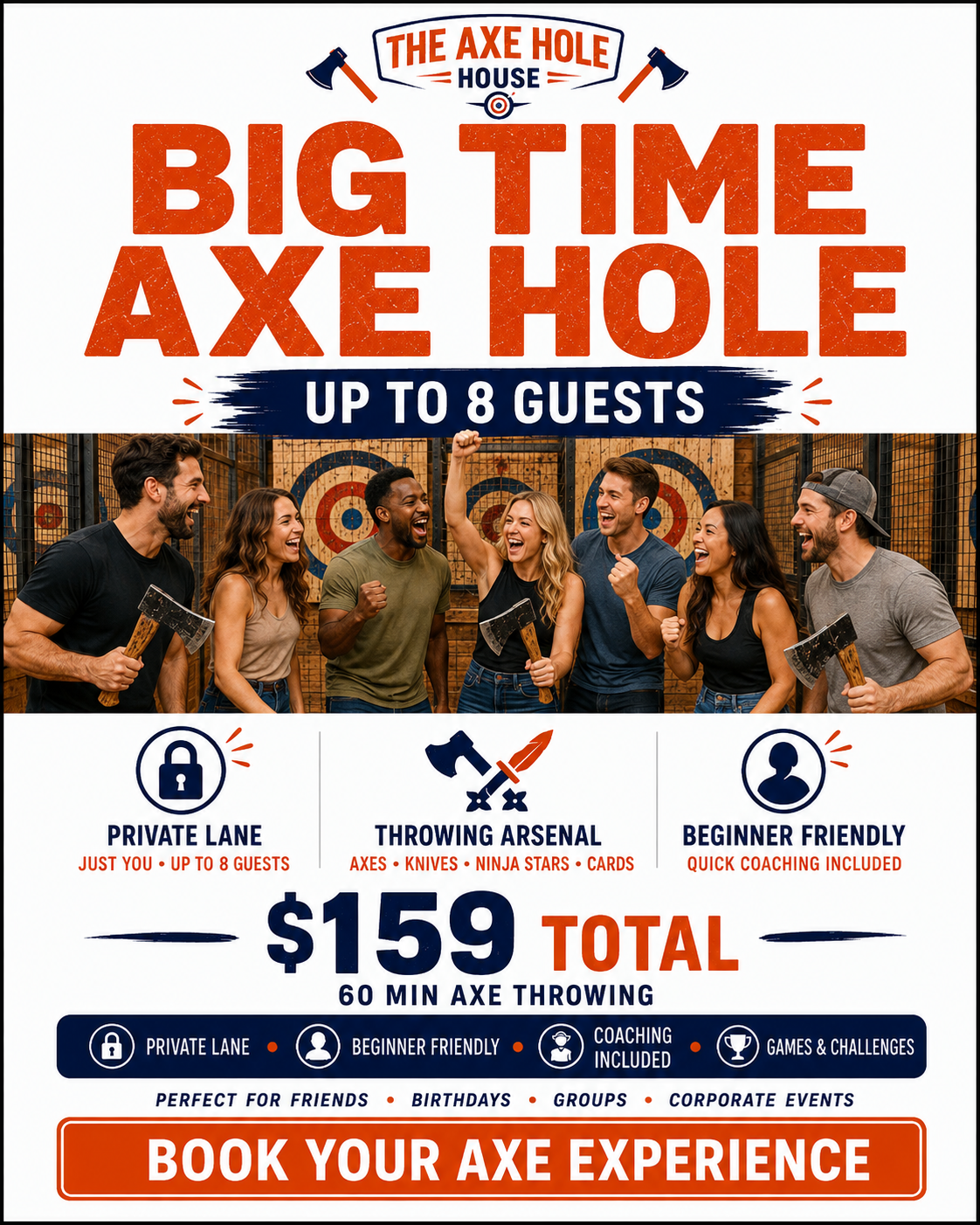 Advertisement for axe throwing at The Axe Hole House. Features a group of six happy people holding axes in an axe throwing venue. Highlights include private lane, axe throwing with axes, knives, ninja stars, and cards, beginner friendly coaching, price of $159 for 60 minutes for up to 8 guests, and booking information.