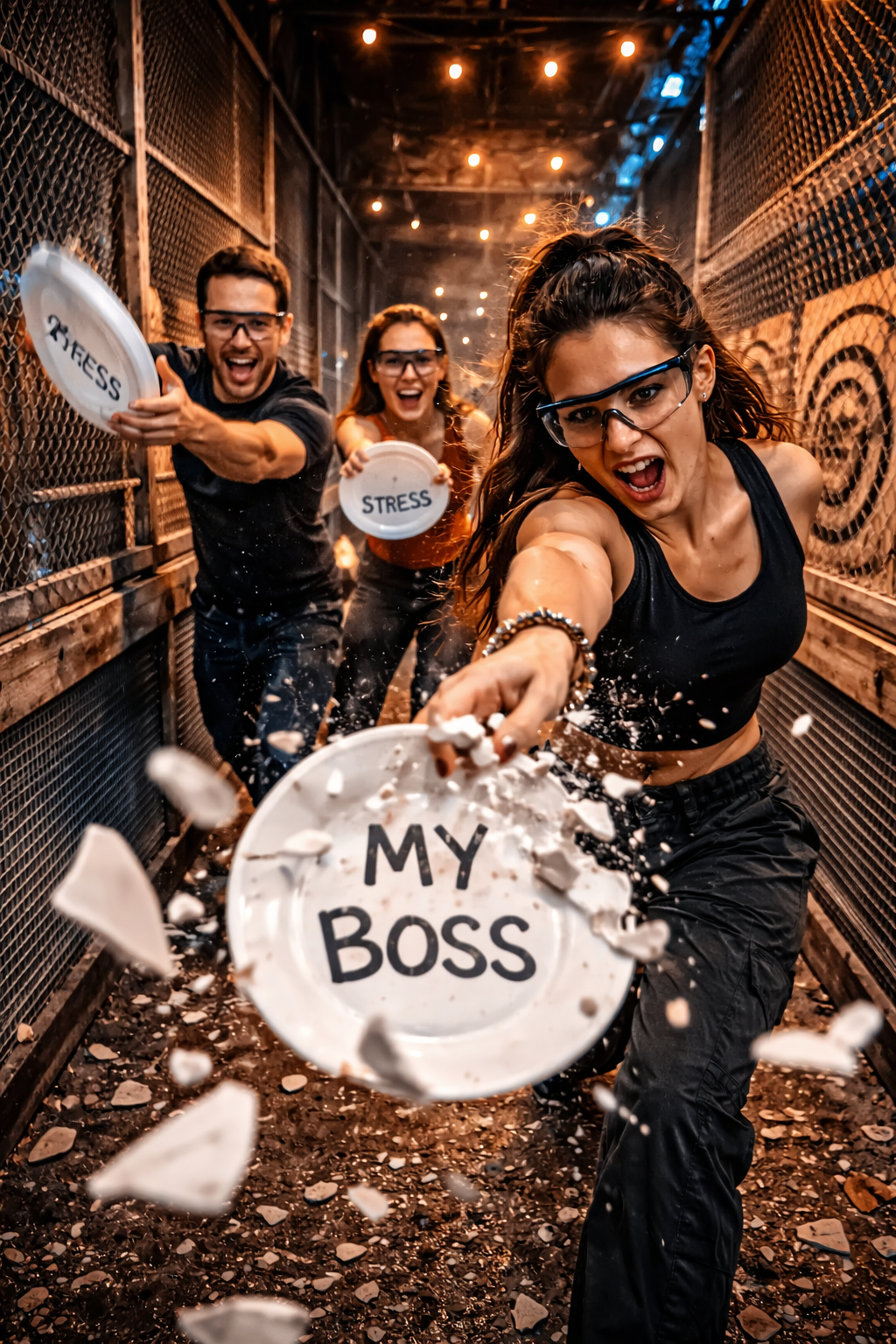 Three people, two women and a man, celebrating in an indoor axe-throwing alley, wearing safety glasses, with the woman in the front breaking a plate that says 'MY BOSS'. The other two hold plates that say 'STRESS'.