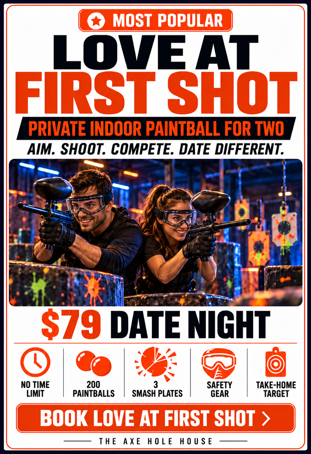 Poster advertising a private indoor paintball game for two at The Axe Hole House, priced at $79. The poster features a photo of two people in protective gear aiming paintball guns inside a colorful, spray-painted paintball arena. The event is promoted as a date night with no time limit, 200 paintballs, 3 smash plates, safety gear, and a take-home target included.