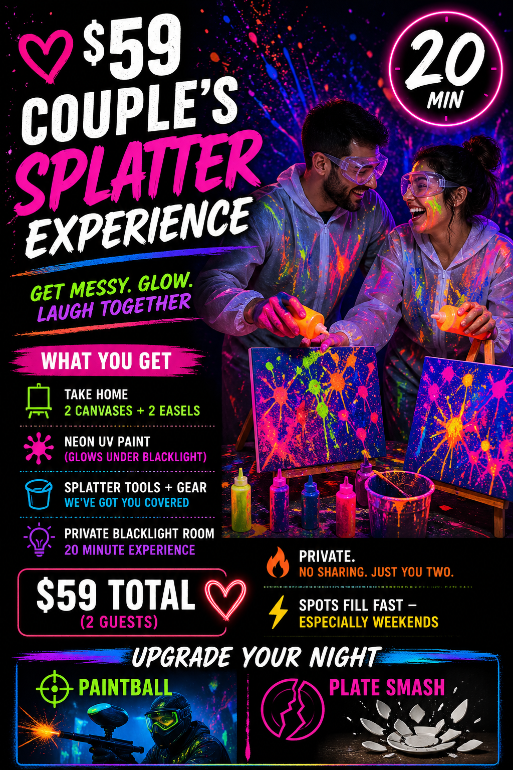 Advertisement for a neon paint splatter experience for couples, costing $59 for two guests, includes canvases, easels, neon UV paint, splatter tools, private blacklight room, and additional upgrade options like paintball and plate smash.