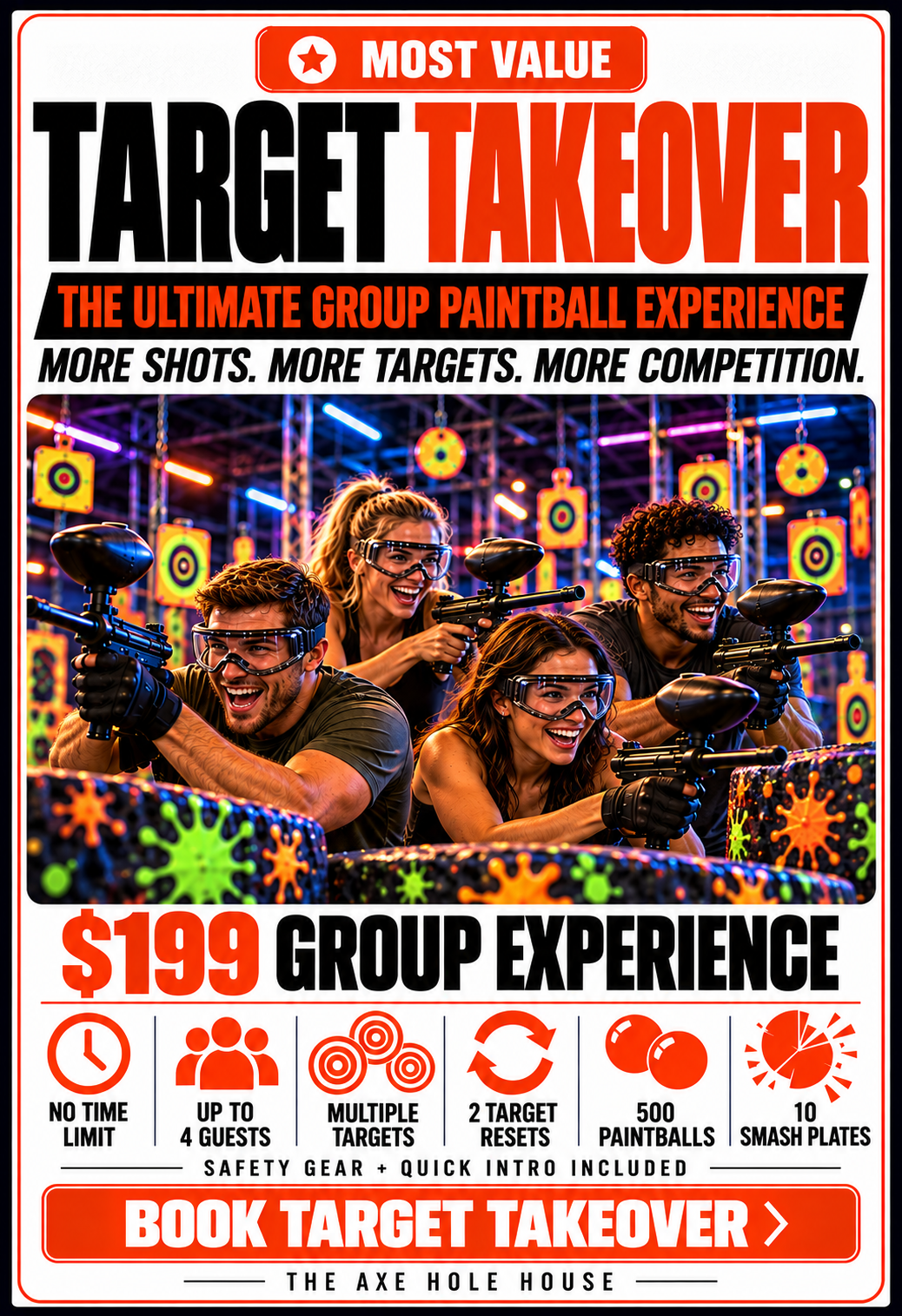 People wearing safety gear and holding paintball guns at an indoor paintball arena with colorful targets and neon lighting.