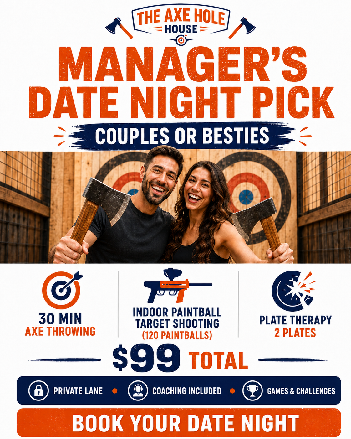 Promotional poster for The Axe Hole House offering a manager's date night package for couples or besties, including axe throwing, indoor paintball target shooting, and plate therapy for $99. Features a smiling man and woman holding axes, with target practice in the background, and icons indicating a private lane, coaching, and games.