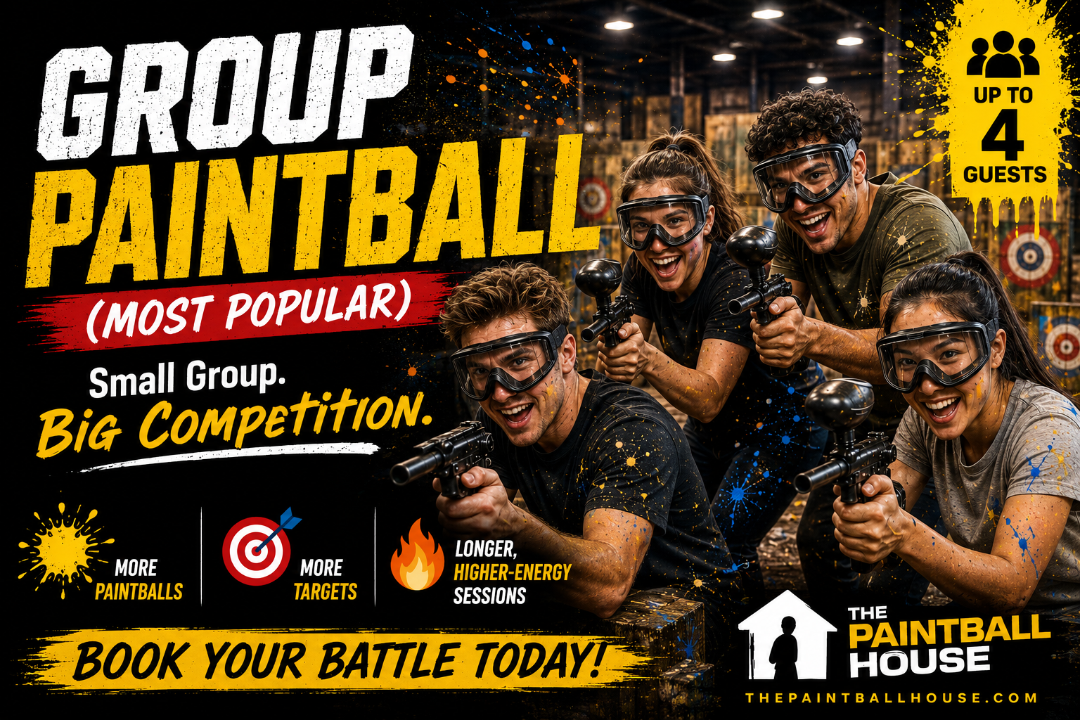Promotional poster for group paintball, showing five smiling people in paintball masks holding paintball guns in an indoor paintball facility, with bright colors and target backgrounds.