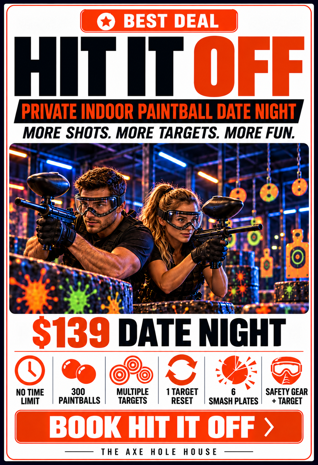A promotional flyer for an indoor paintball date night at Axe Hole House, featuring a photo of a man and woman in paintball gear aiming their guns in a brightly lit, colorful paintball arena with targets and neon lights. The flyer indicates a $139 price, no time limit, 300 paintballs, multiple targets, one target reset, six smash plates, safety gear and target, and encourages booking a hit it off.