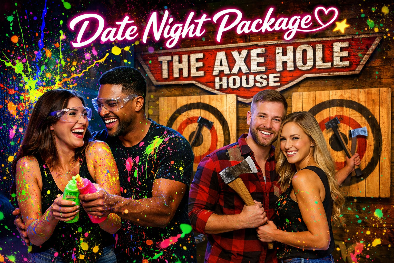Four young adults at a fun axe-throwing date night, with splashes of colorful paint around them. Two are a woman and a man laughing and holding paint bottles, while the other two, a man and a woman, smile and hold axes in front of targets at The Axe Hole House.