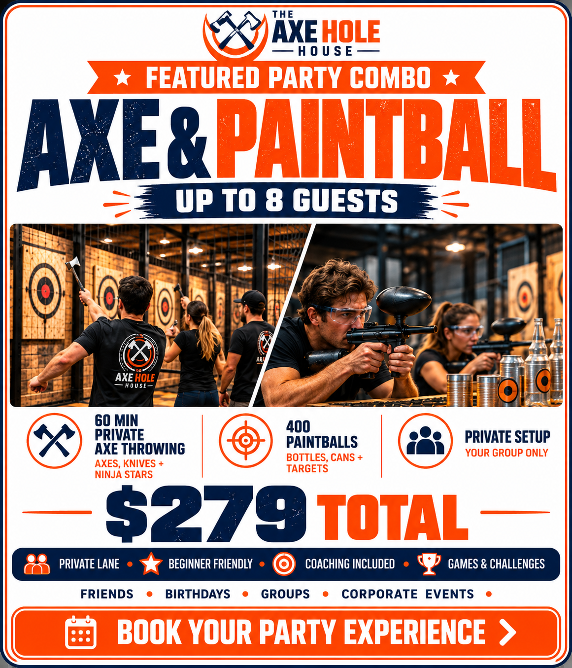 Poster advertising a party combo at The Axe Hole House, featuring axe throwing, paintball, and private setup for up to 8 guests. Cost $279 total, includes 60 minutes of axe throwing, 400 paintballs, and private group setting. Highlights include that it's private lane, beginner friendly, coaching included, and suitable for friends, birthdays, groups, and corporate events. Book now for a party experience.