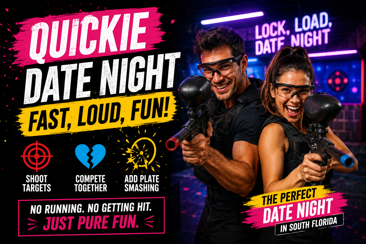Two people in black tactical gear and goggles holding laser tag guns, smiling in a neon-lit laser tag arena, with colorful signs and targets in the background.