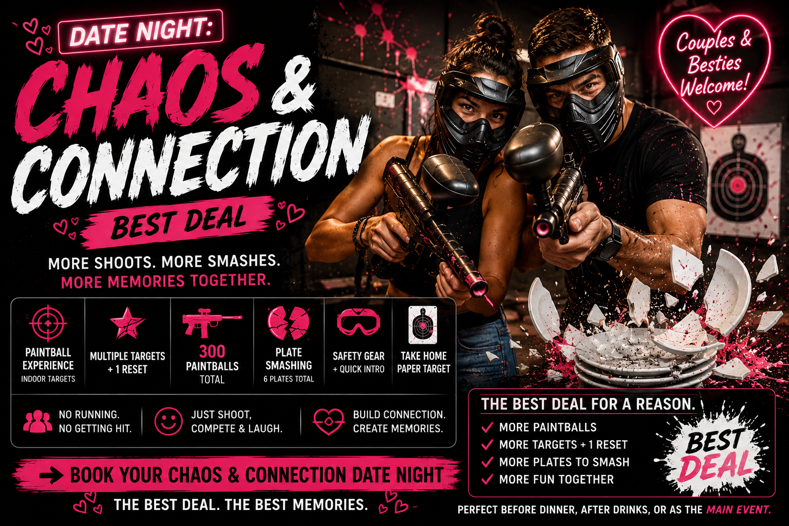 A promotional poster for a paintball event called 'Date Night: Chaos & Connection.' It features a woman and a man in black gear and masks, aiming paintball guns at the viewer. The background is dark with splashes of pink paint and text promoting the event, including details about paintball experience, targets, and the best deal for a fun night together.