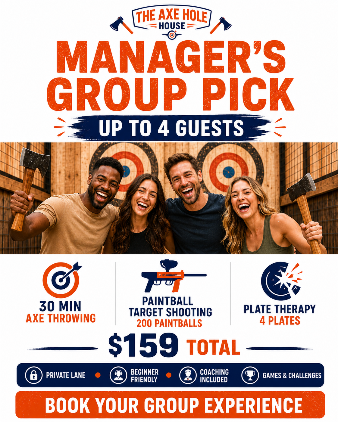 A promotional flyer for The Axe Hole House's Manager's Group Pick experience, featuring four people holding axes and smiling in front of target boards. The details include 30 minutes of axe throwing, 200 paintball target shooting with 200 paintballs, and 4 plates of food for $159. Additional info highlights private lane, beginner friendly, coaching included, and games and challenges.