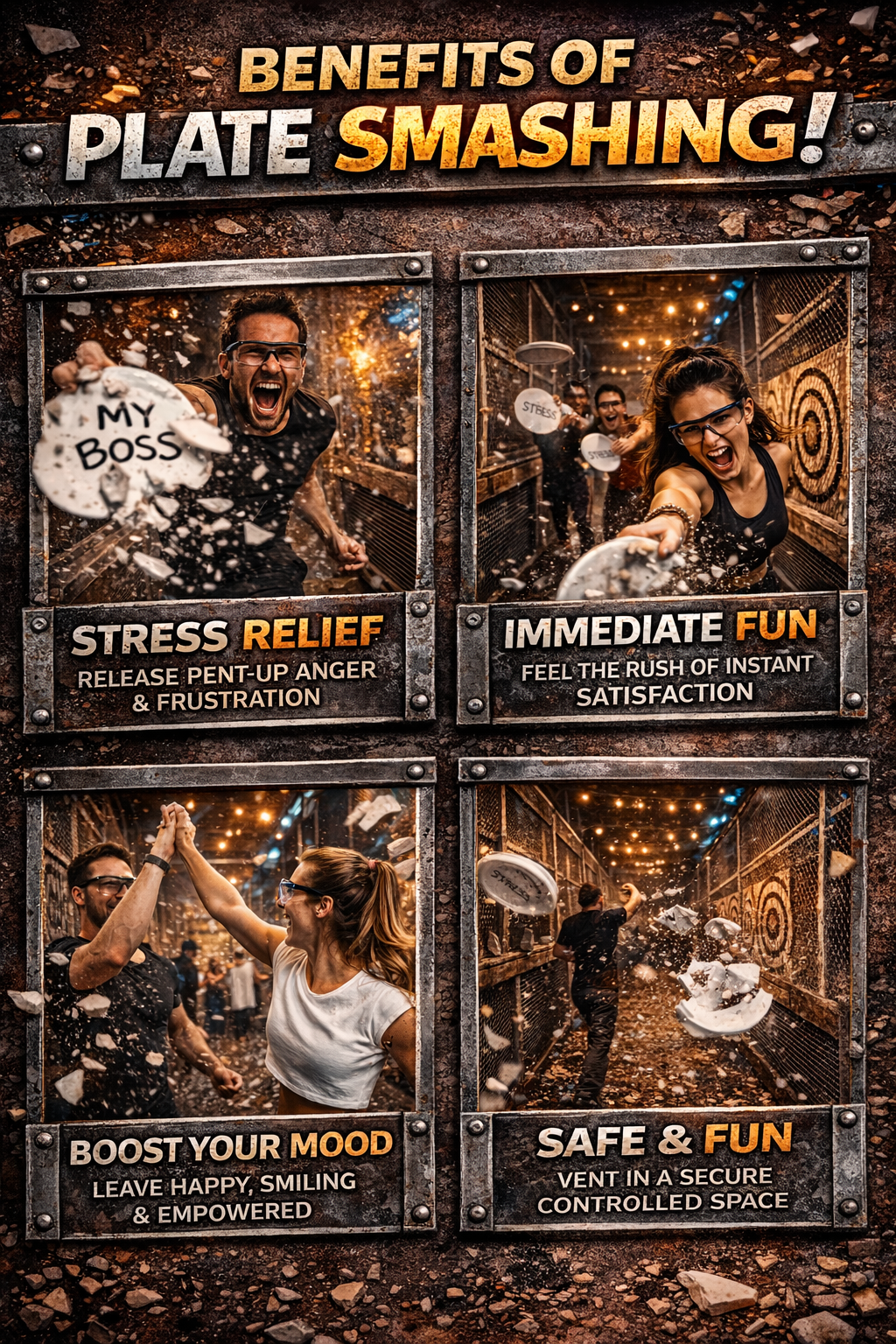 A collage advertising benefits of Plate Smashing, showing people smashing plates for stress relief, fun, mood boost, and safety, with captions highlighting each benefit.