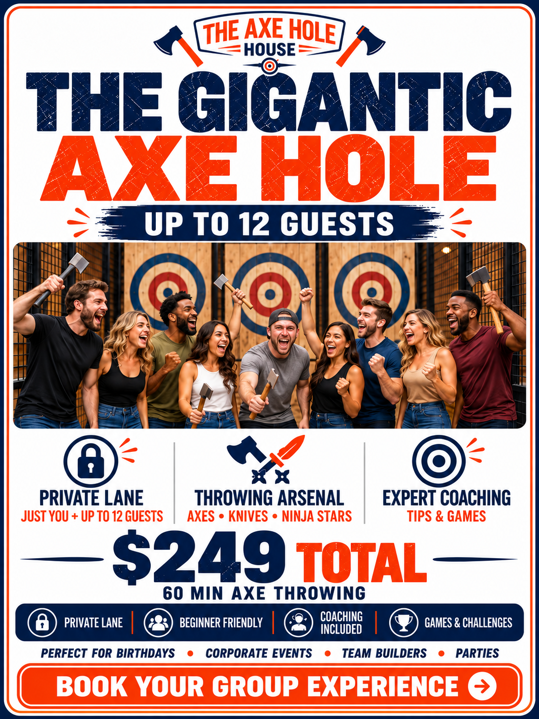 A group of people enjoying axe throwing at an indoor venue, with targets on the wall behind them.
