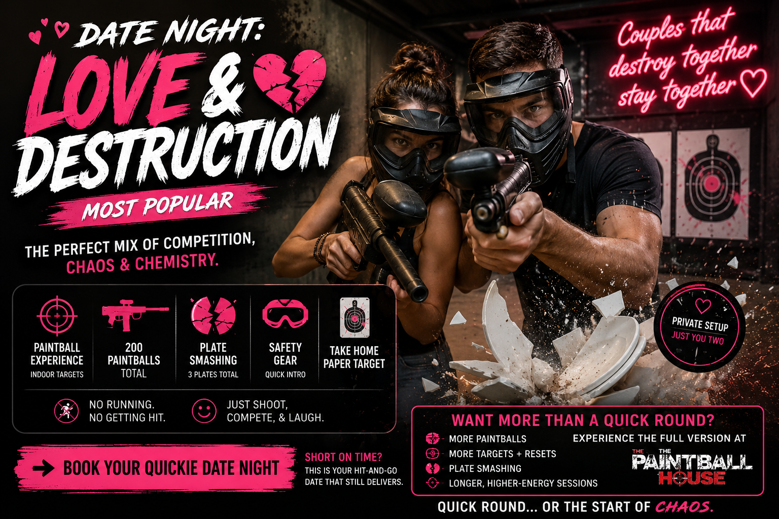 Promotional poster for a paintball night event. Features a man and woman wearing paintball masks and holding paintball guns, with text advertising the event's highlights, features, and booking information