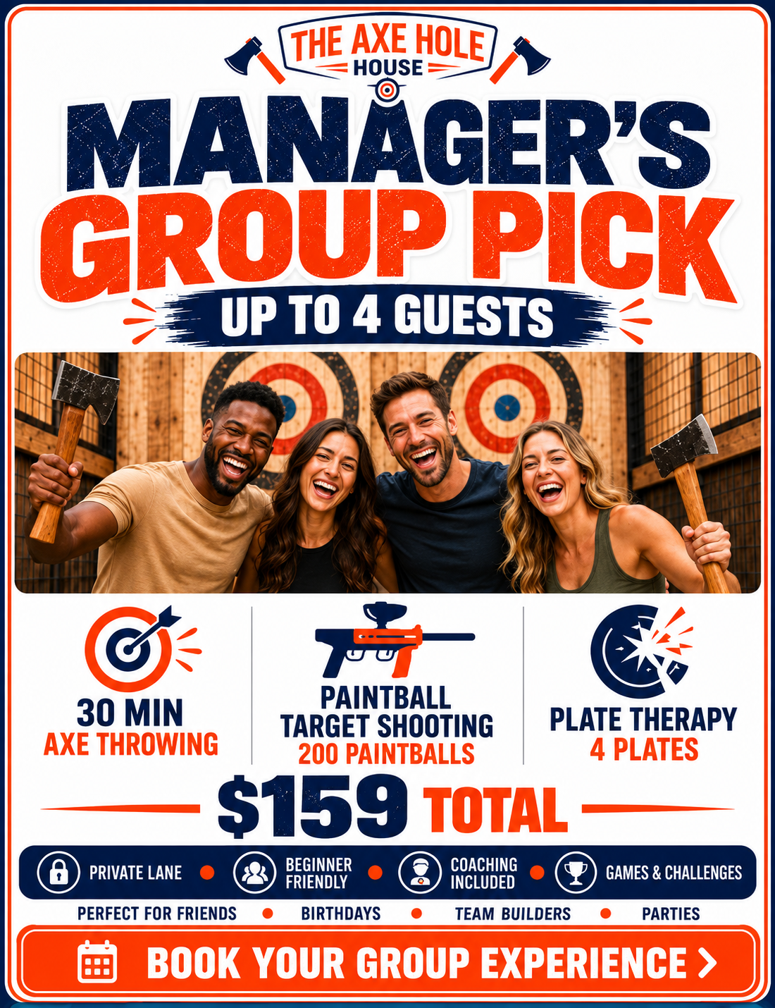 Promotional flyer for The Axe Hole House, advertising a group activity for up to 4 guests including axe throwing, paintball target shooting, and plate therapy, priced at $159.