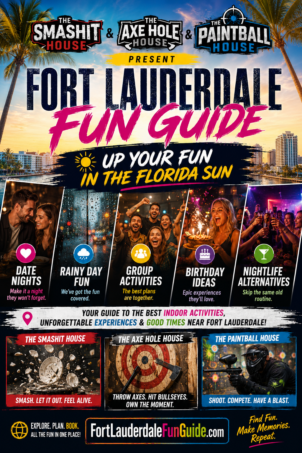 A colorful flyer promoting fun activities in Fort Lauderdale, Florida, including bars, beaches, and outdoor adventures with images of nightlife, rain, a group of friends, birthday celebrations, and nightclubs.