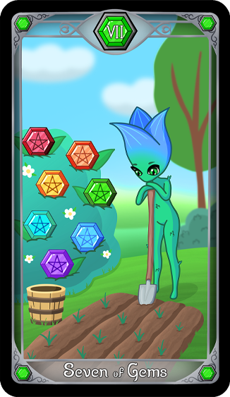 A gender neutral version of The Seven of Gems Tarot Card, also known as The Seven of Pentacles Tarot Card.