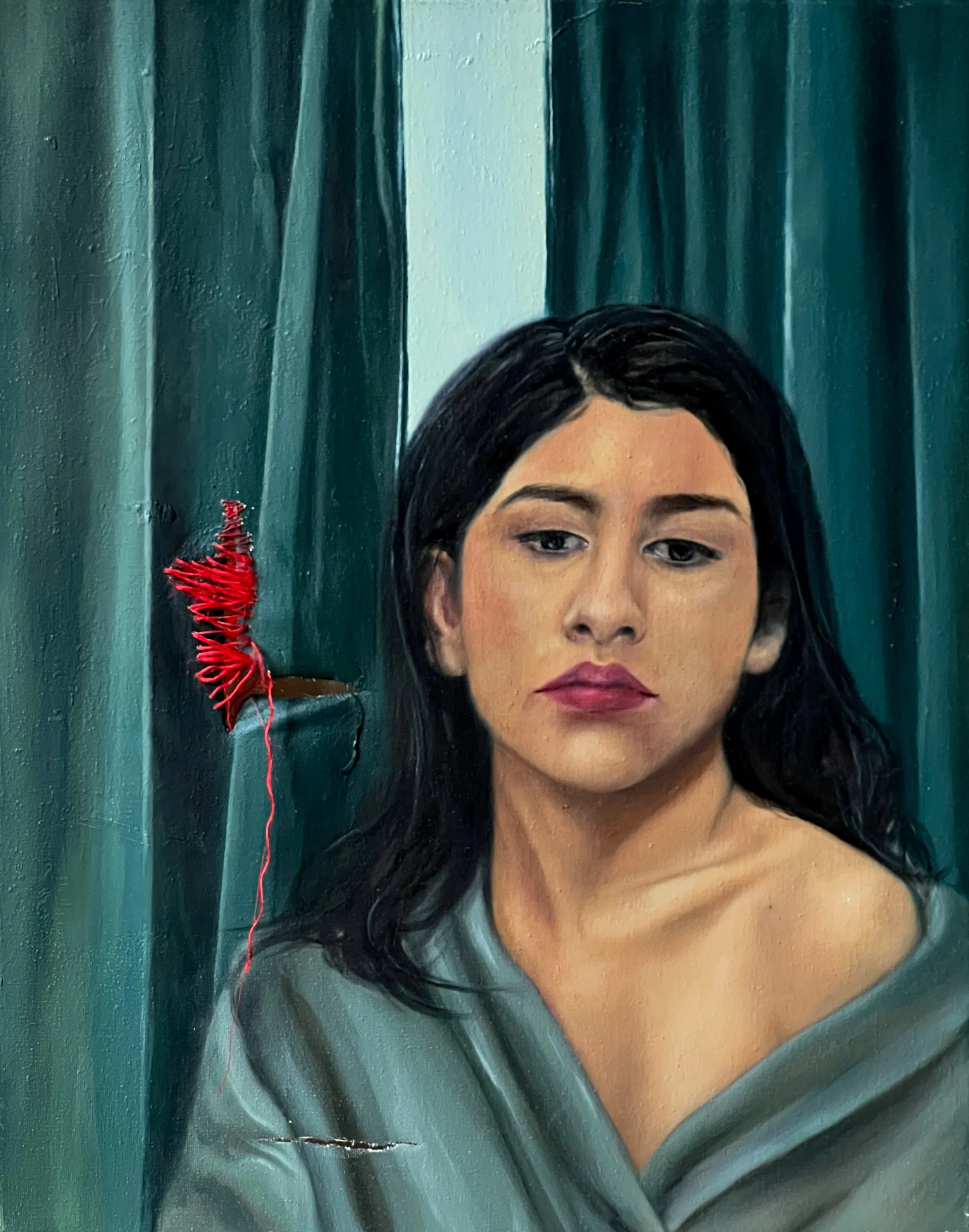   The Breach , 2023, 16 x 20 inches, oil on canvas & red twine ribbon , AVAILABLE