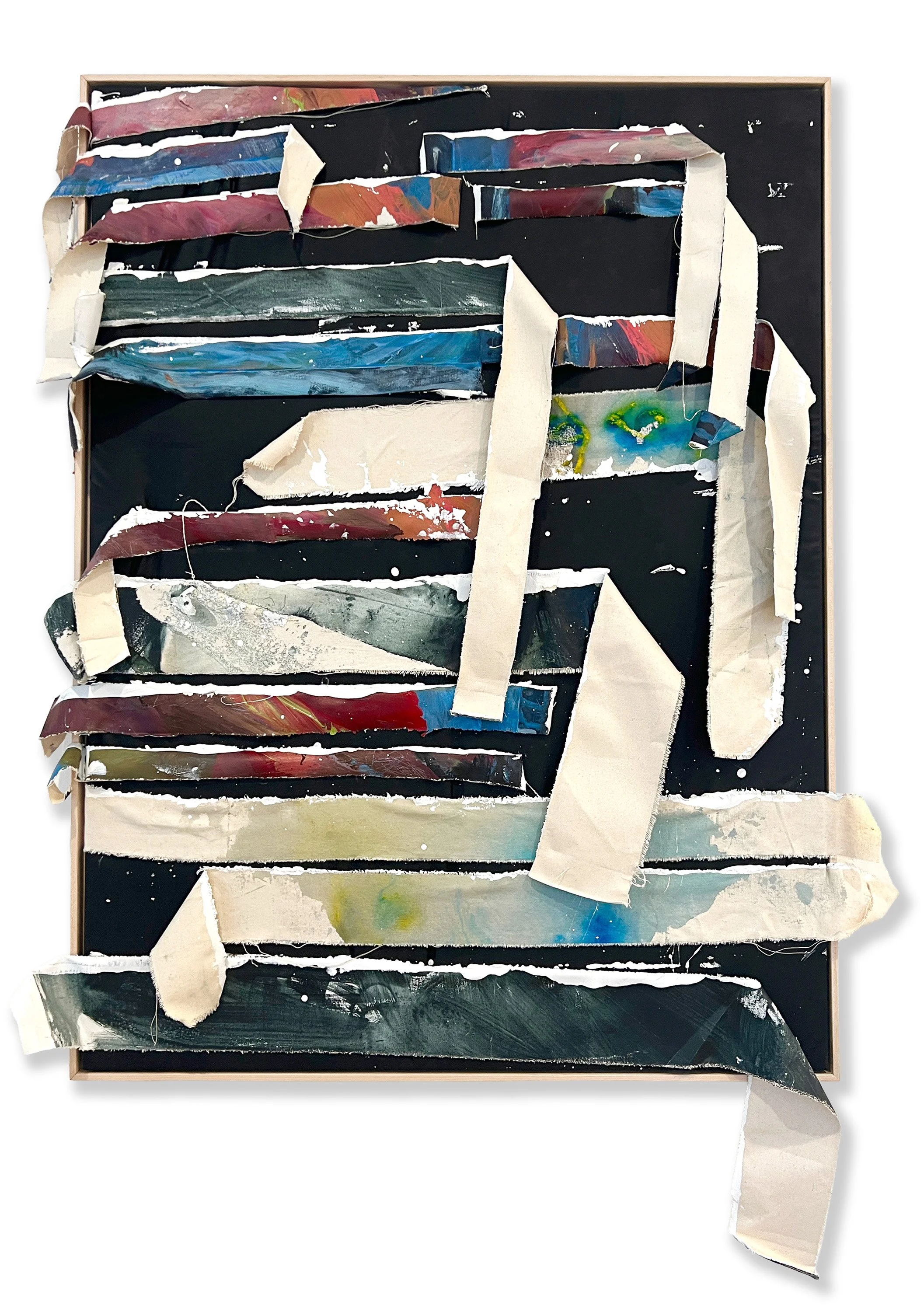 Survival Mode, 2024, strips of paintings on canvas, dipped in interior paint on the reverse side of a children’s black out curtain, stretched onto a frame, in a maple floater frame, H 57 x W44 in