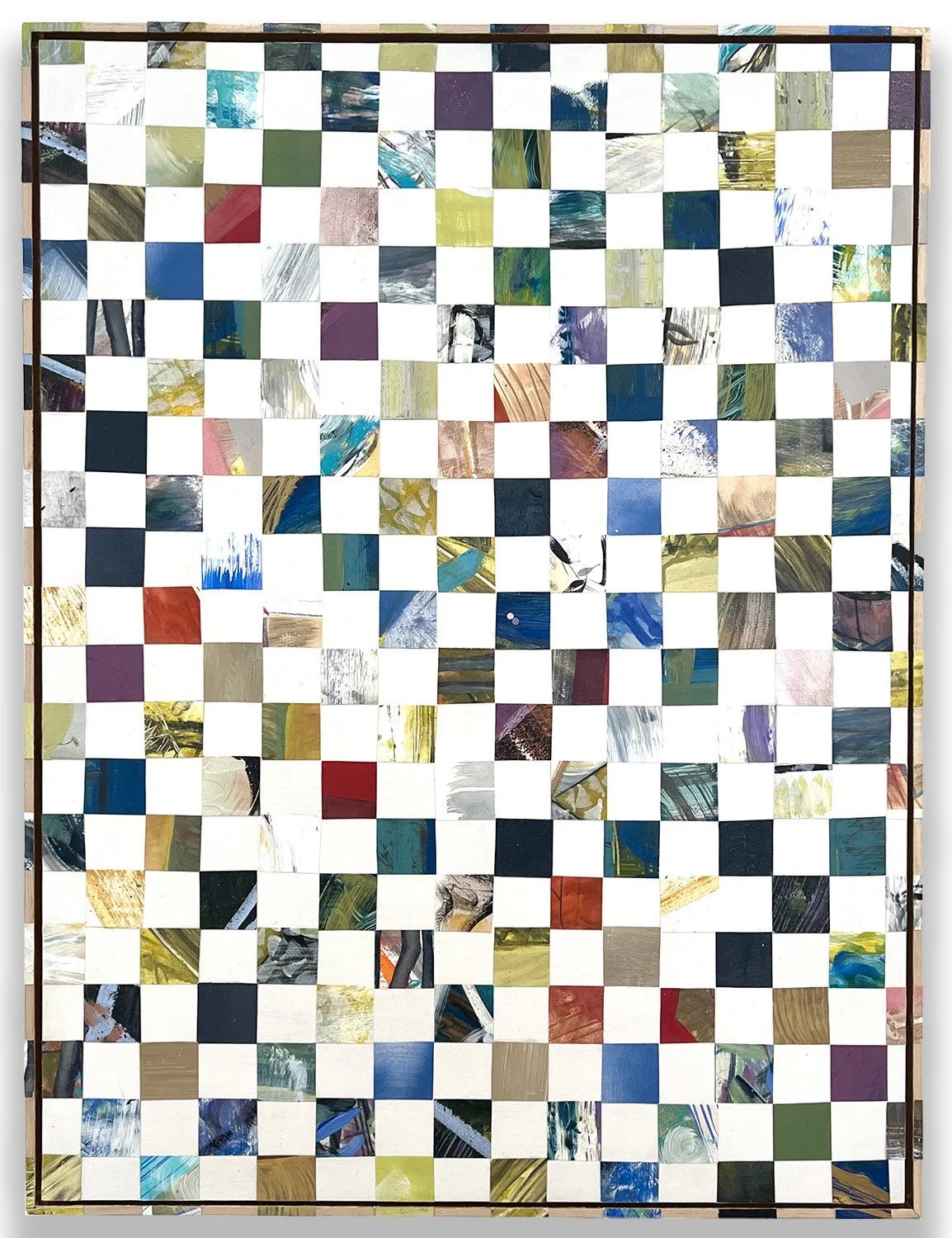 "Break Out" (previously: Checkerboard is so in right now) 2024, squares of works on paper, primed custom panel, squares go onto and around the custom deep maple frame, 41.25 x 31.3 x 2.5 in