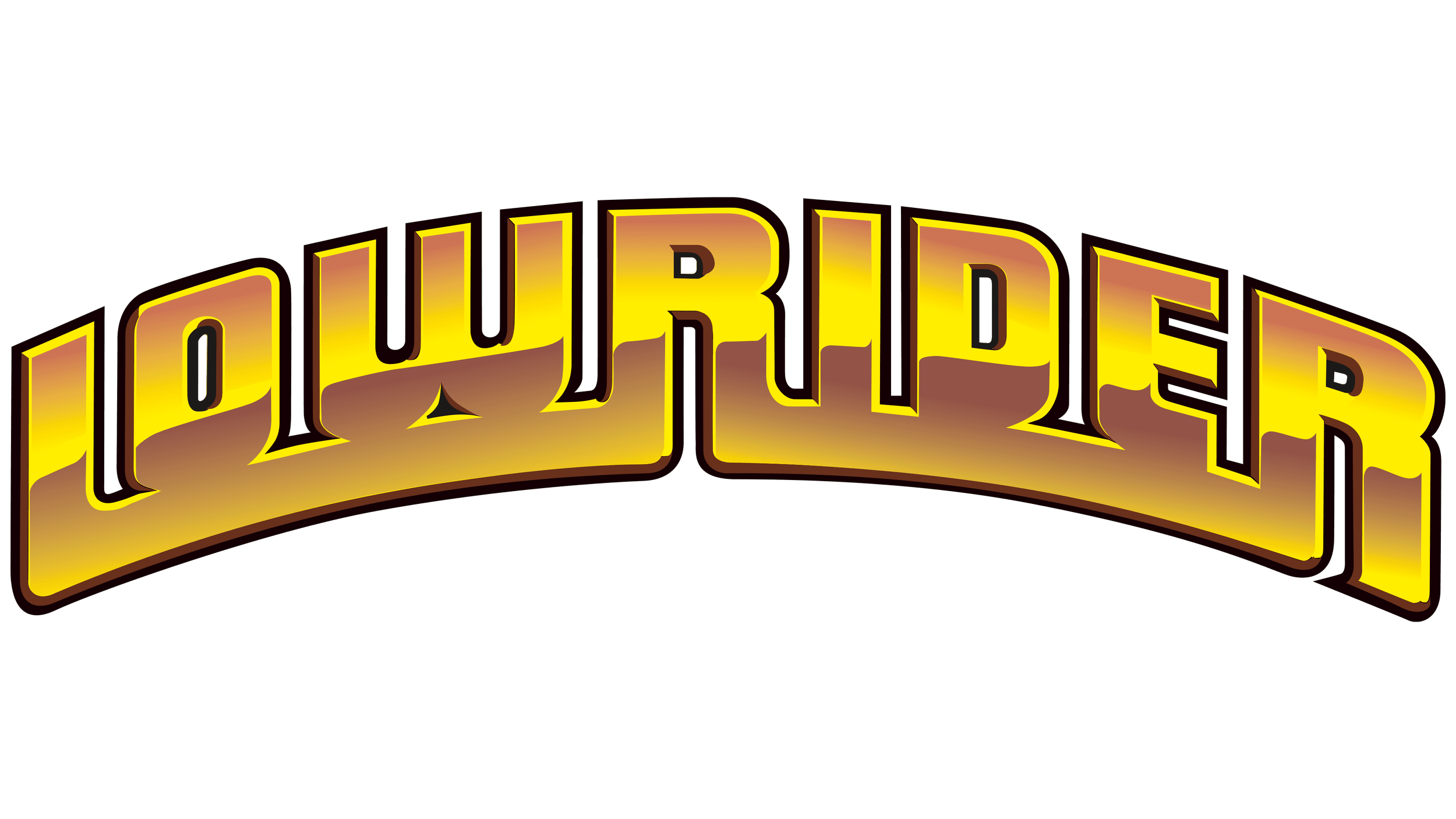 The word "LOWRIDER" written in large, colorful 3D block letters with a yellow gradient fill, outlined in black, and positioned in a curved manner.
