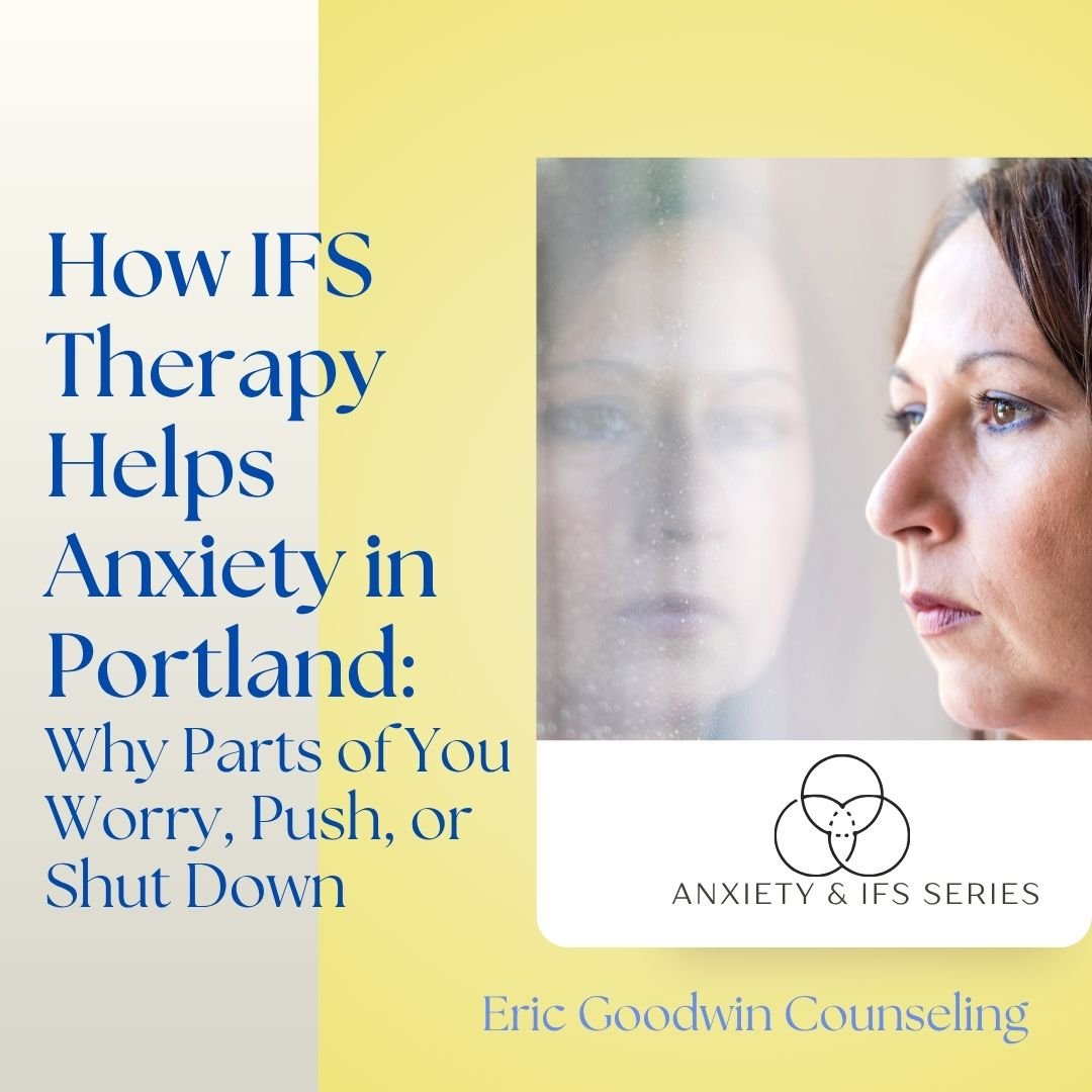 Reflective woman by a window for a blog about how IFS therapy helps anxiety in Portland