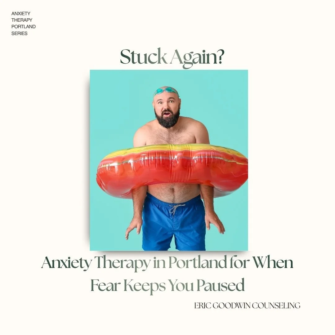 Surprised man stuck in an inflatable floatie showing how it can feel to begin anxiety therapy in Portland